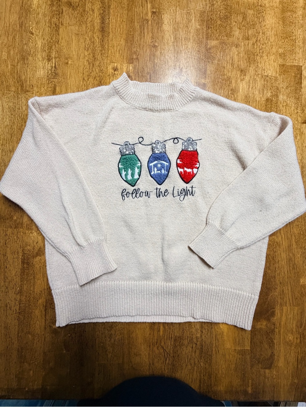 Cream Crewneck Sweater with Festive Light Bulb Motif